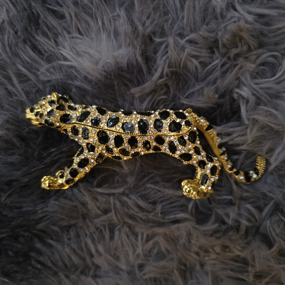 Gold and Black Rhinestone Leopard Trinket Box